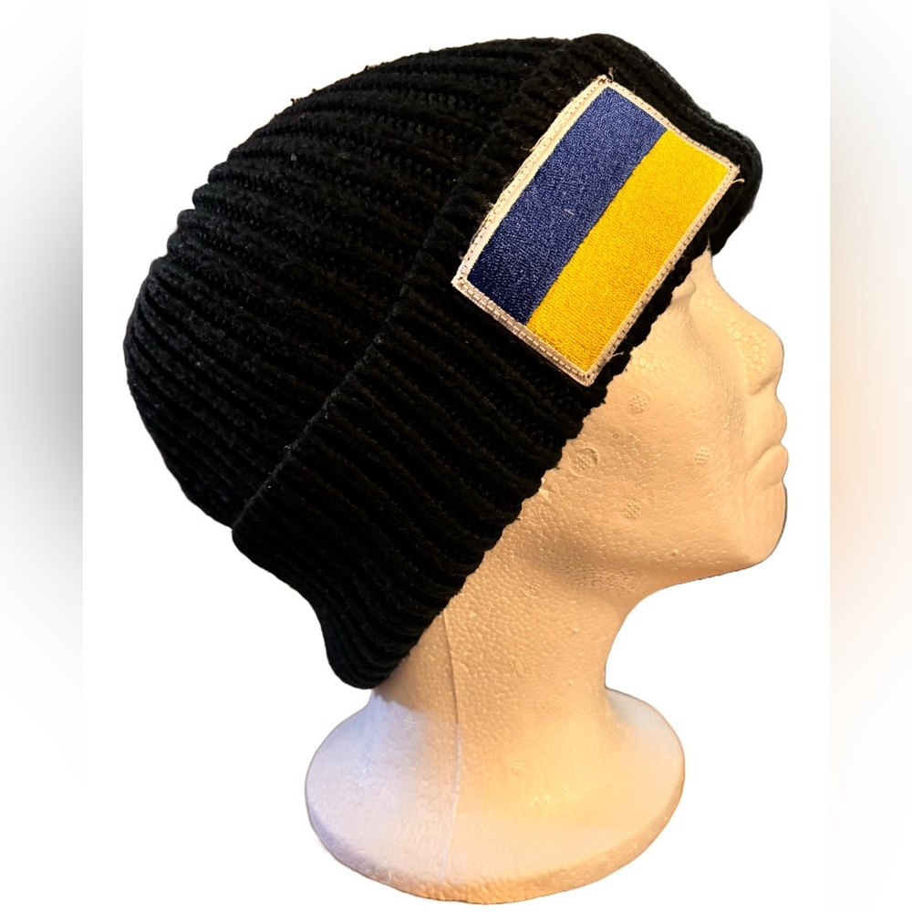 Show Your Support for Ukraine With This Black Knitted Ukrainian Flag Beanie. OS.